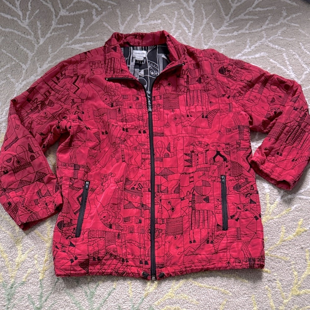 Chicos red silk embroidered abstract, lightweight jacket 2